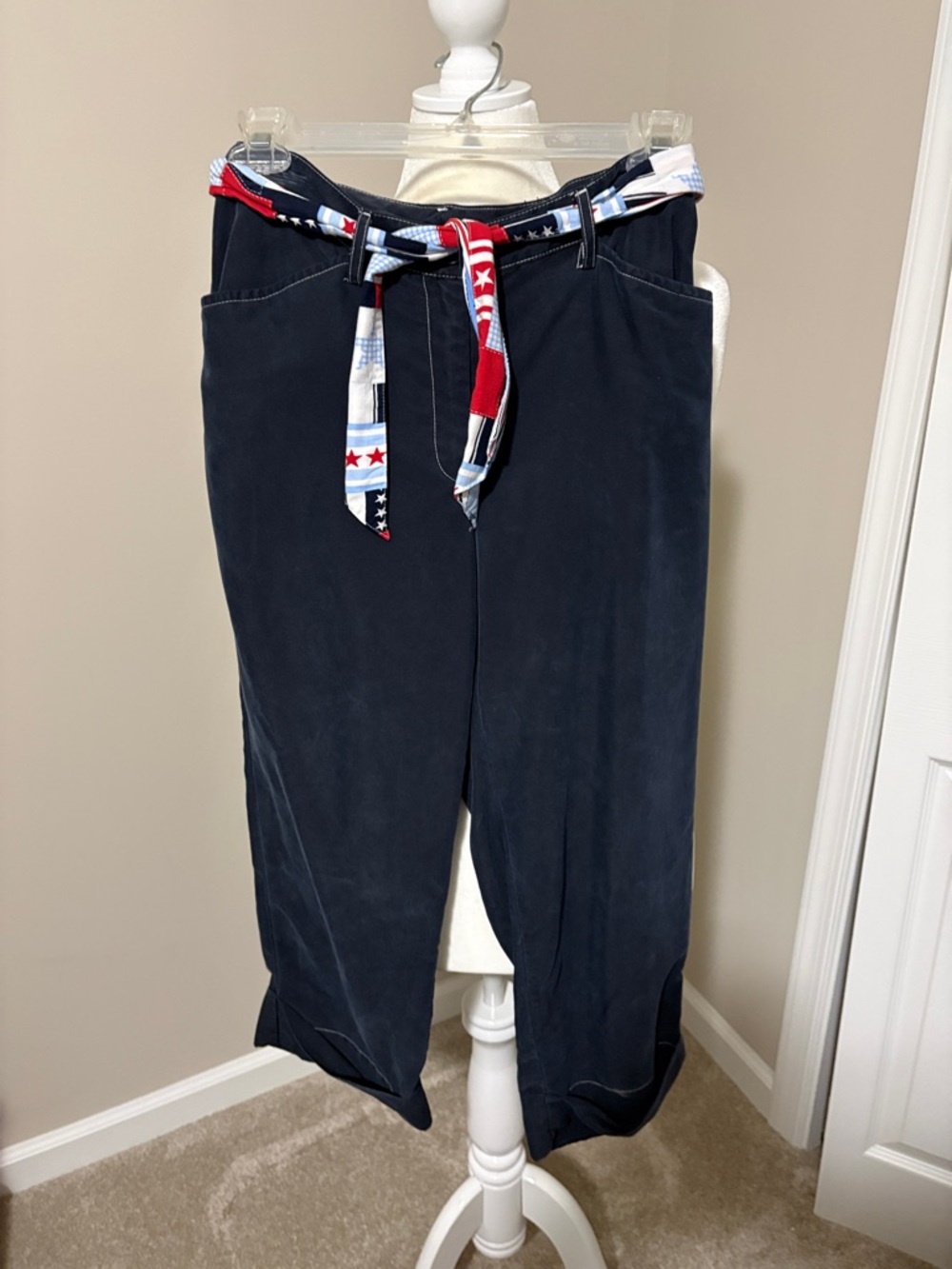 Liz Claiborne Navy Drawstring Chinos with Red, White & Blue Belt